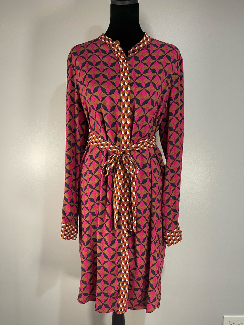 Zara Pink and Brown Geometric Long Sleeve Belted Shirt Dress Sz. L